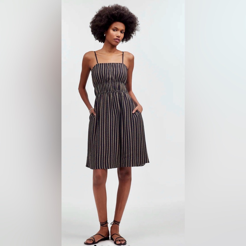 Madewell Sleeveless Smocked Square Neck A-line Mini Dress Polka Dot Stripe TB7